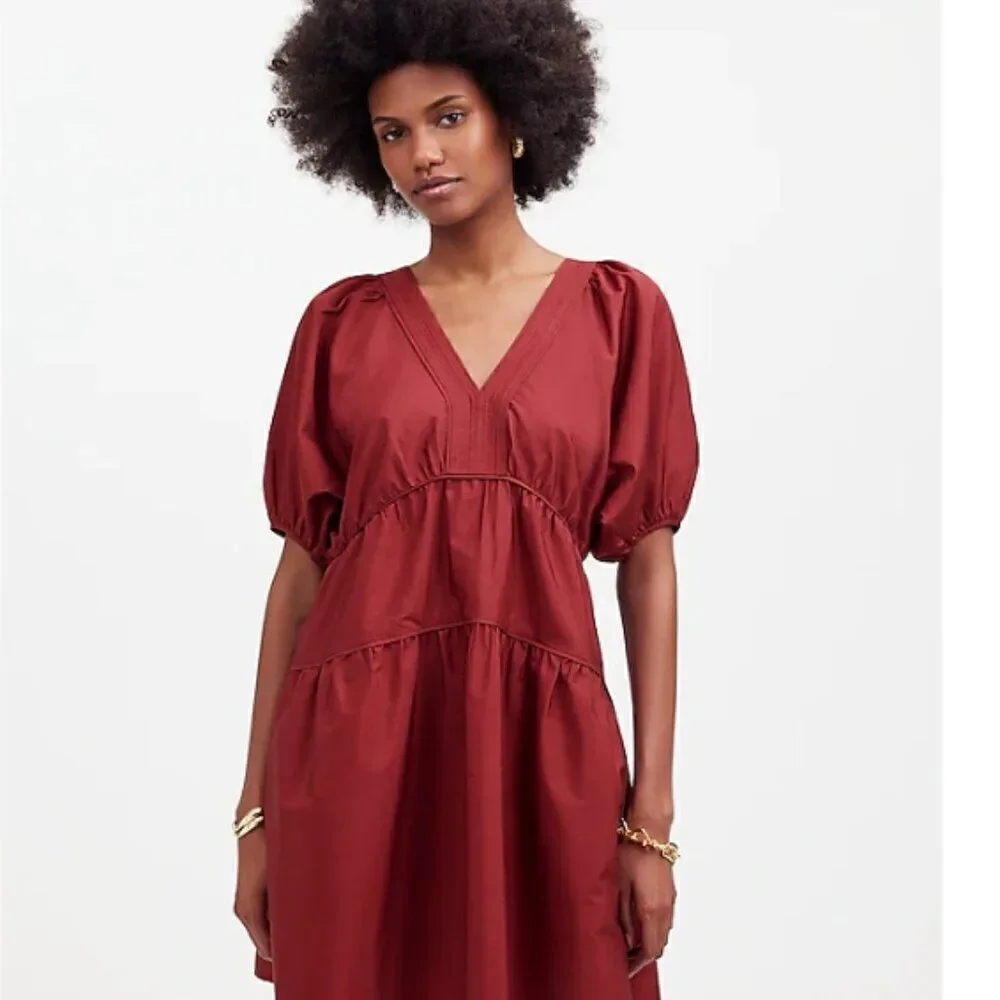 Madewell Puff-Sleeve Mini Dress in Poplin Claret burgundy  NWT